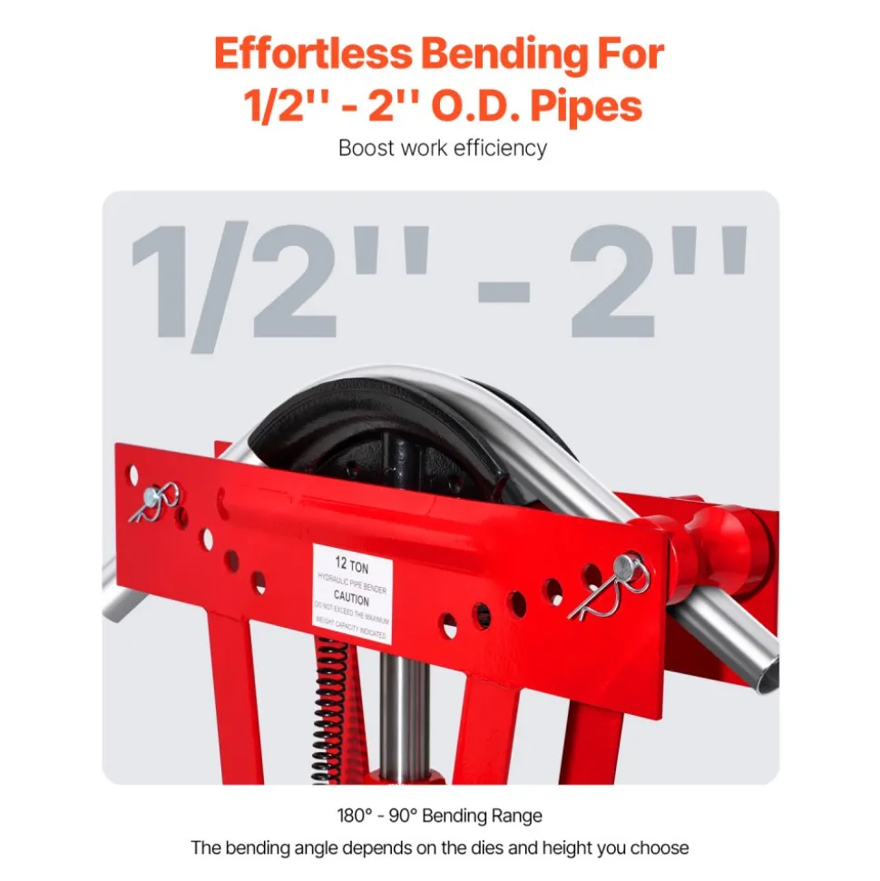 VEVOR Hydraulic Pipe Bender, 12 Ton Manual Copper Exhaust Pipe Bending Machine with 6 Dies (1/2" - 2") and 90 - 180° Adjustable Rollers, Heavy-Duty Pipe Tube Bender for Piping Railing Construction