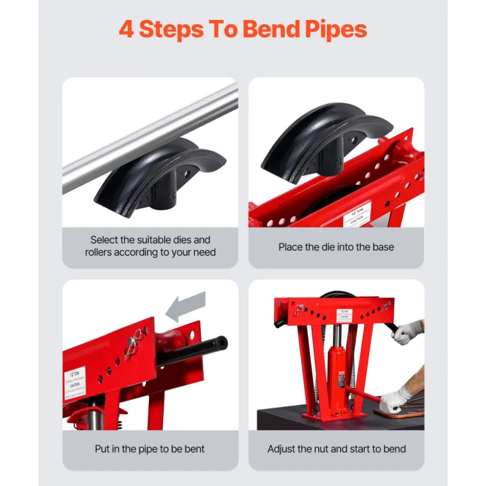 VEVOR Hydraulic Pipe Bender, 12 Ton Manual Copper Exhaust Pipe Bending Machine with 6 Dies (1/2" - 2") and 90 - 180° Adjustable Rollers, Heavy-Duty Pipe Tube Bender for Piping Railing Construction