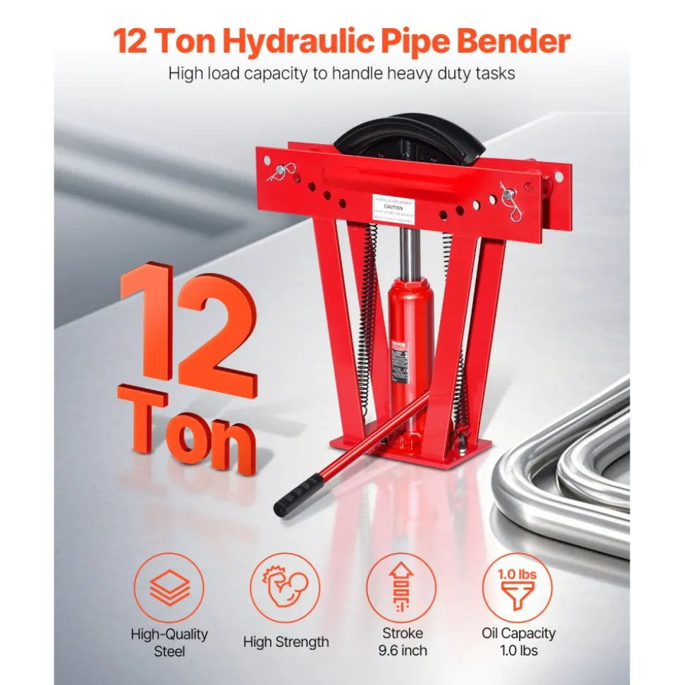 VEVOR Hydraulic Pipe Bender, 12 Ton Manual Copper Exhaust Pipe Bending Machine with 6 Dies (1/2" - 2") and 90 - 180° Adjustable Rollers, Heavy-Duty Pipe Tube Bender for Piping Railing Construction
