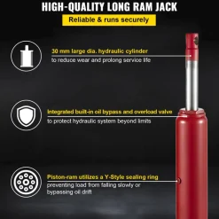VEVOR Hydraulic/Pneumatic Long Ram Jack, 8 Tons/17363 lbs Capacity, with Single Piston Pump and Clevis Base, Manual Cherry Picker with Handle, for Garage/Shop Cranes, Engine Lift Hoist, Red