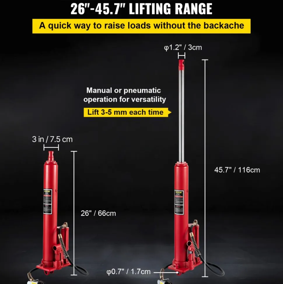 VEVOR Hydraulic/Pneumatic Long Ram Jack, 8 Tons/17363 lbs Capacity, with Single Piston Pump and Clevis Base, Manual Cherry Picker with Handle, for Garage/Shop Cranes, Engine Lift Hoist, Red
