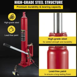 VEVOR Hydraulic/Pneumatic Long Ram Jack, 8 Tons/17363 lbs Capacity, with Single Piston Pump and Clevis Base, Manual Cherry Picker with Handle, for Garage/Shop Cranes, Engine Lift Hoist, Red