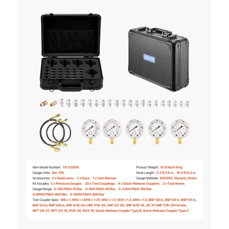 VEVOR Hydraulic Pressure Test Kit, 150/900/2300/6000/9000 PSI (10/60/160/400/600 Bar), Hydraulic Gauge Kit 5 Gauges 20 Couplings 4 Quick-Release Couplers 3 Hoses for Excavator Construction Machinery