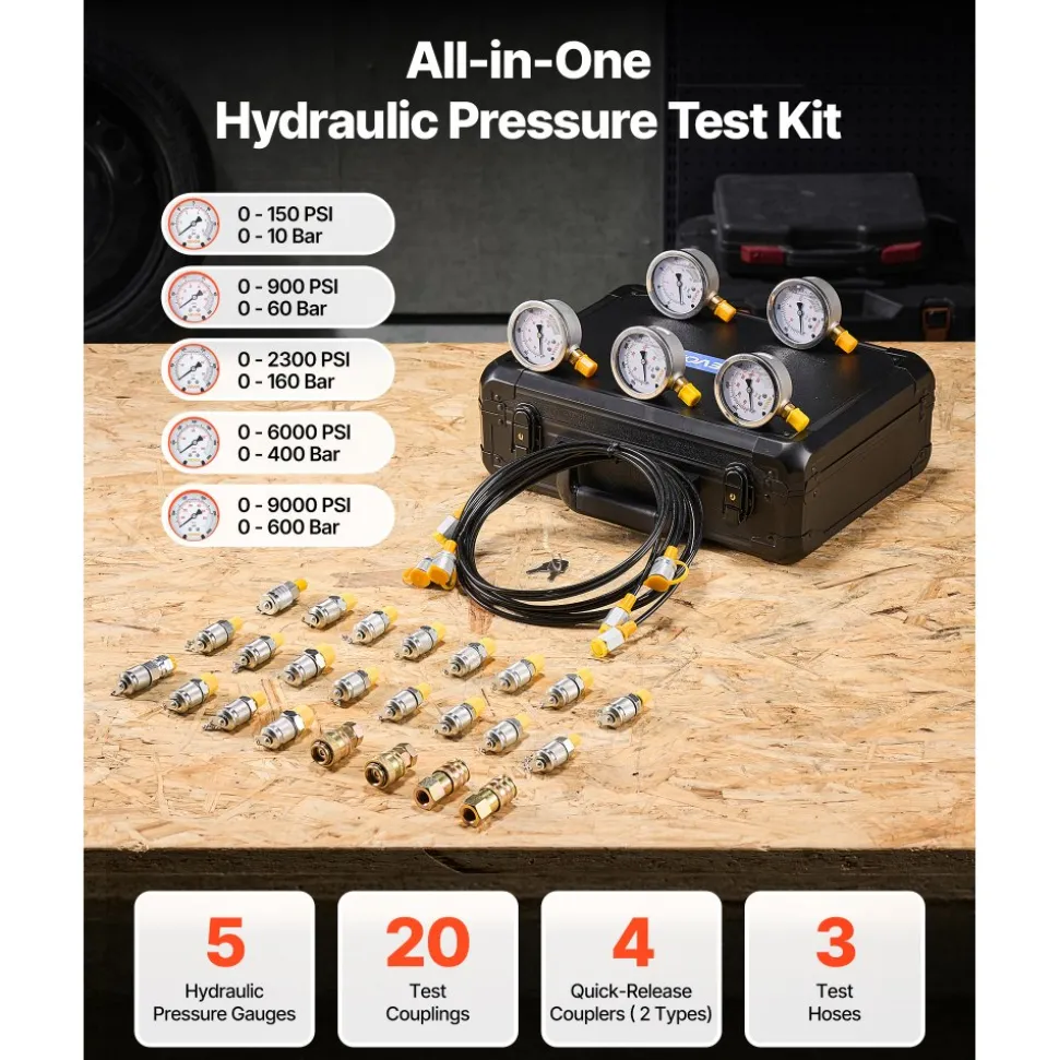 VEVOR Hydraulic Pressure Test Kit, 150/900/2300/6000/9000 PSI (10/60/160/400/600 Bar), Hydraulic Gauge Kit 5 Gauges 20 Couplings 4 Quick-Release Couplers 3 Hoses for Excavator Construction Machinery