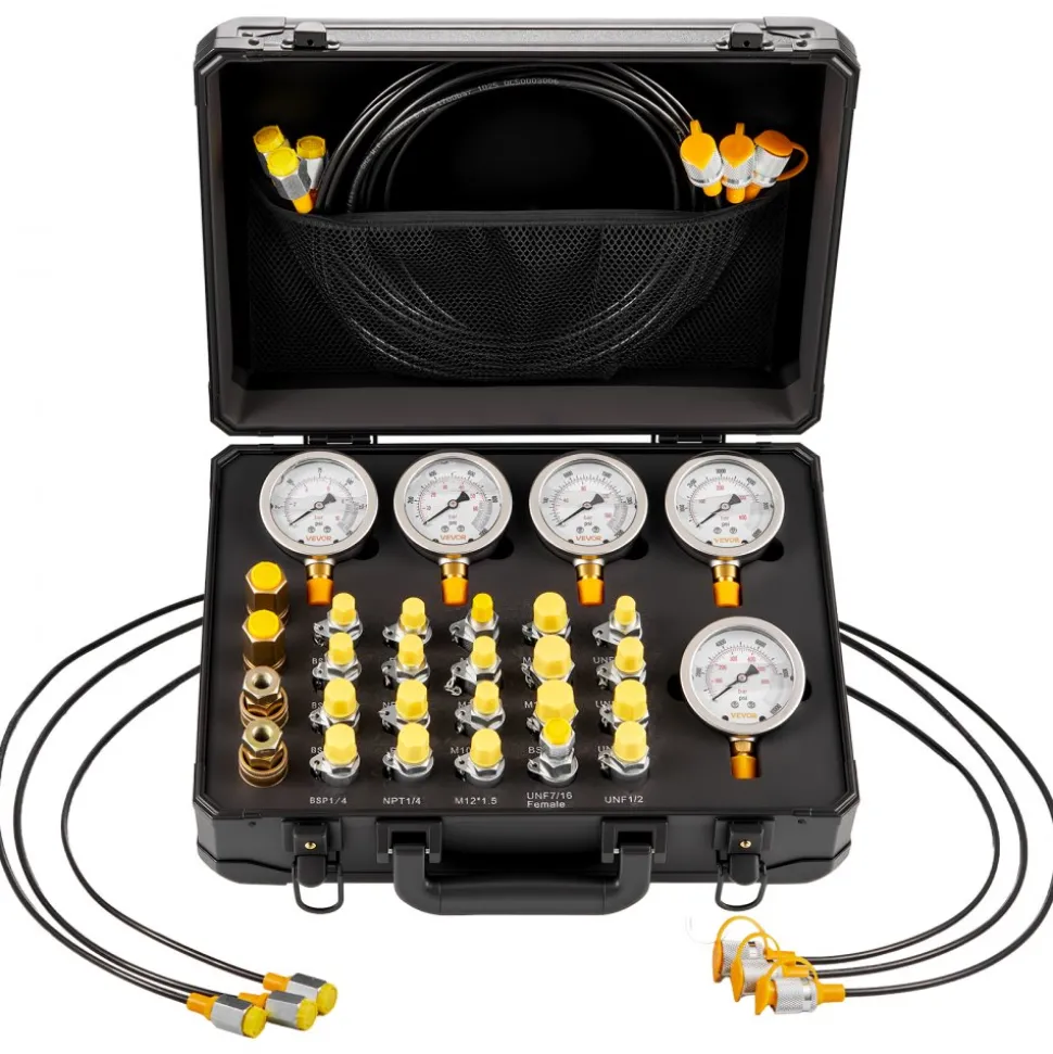 VEVOR Hydraulic Pressure Test Kit, 150/900/2300/6000/9000 PSI (10/60/160/400/600 Bar), Hydraulic Gauge Kit 5 Gauges 20 Couplings 4 Quick-Release Couplers 3 Hoses for Excavator Construction Machinery