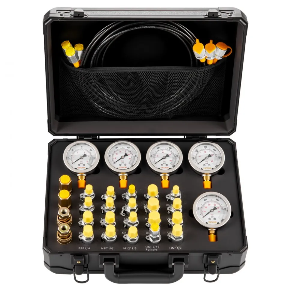 VEVOR Hydraulic Pressure Test Kit, 150/900/2300/6000/9000 PSI (10/60/160/400/600 Bar), Hydraulic Gauge Kit 5 Gauges 20 Couplings 4 Quick-Release Couplers 3 Hoses for Excavator Construction Machinery