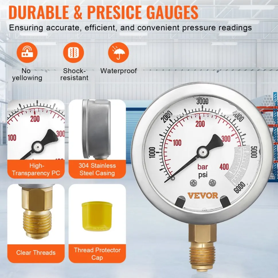 VEVOR Hydraulic Pressure Test Kit, 10/100/250/400/600bar, 5 Gauges 13 Couplings 14 Tee Connectors 5 Test Hoses, Excavator Hydraulic Test Gauge Set with Carrying Case for Excavator Tractors Machinery