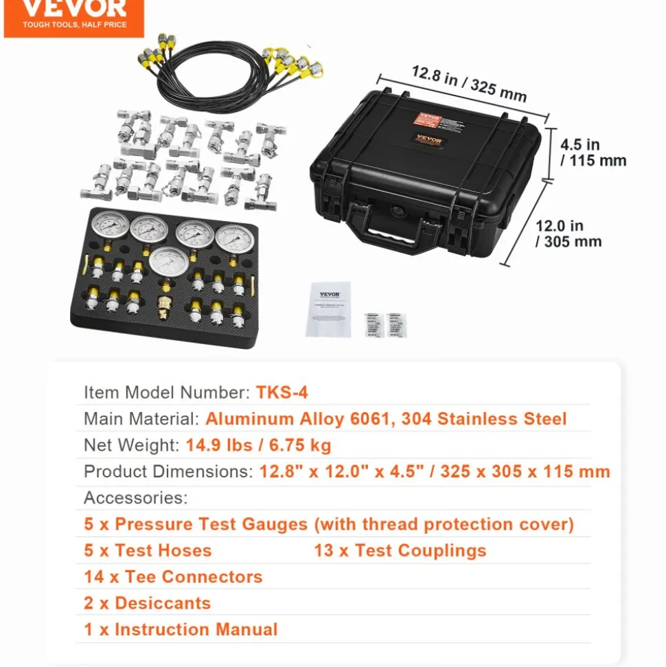 VEVOR Hydraulic Pressure Test Kit, 10/100/250/400/600bar, 5 Gauges 13 Couplings 14 Tee Connectors 5 Test Hoses, Excavator Hydraulic Test Gauge Set with Carrying Case for Excavator Tractors Machinery