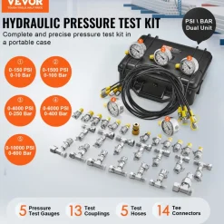 VEVOR Hydraulic Pressure Test Kit, 10/100/250/400/600bar, 5 Gauges 13 Couplings 14 Tee Connectors 5 Test Hoses, Excavator Hydraulic Test Gauge Set with Carrying Case for Excavator Tractors Machinery