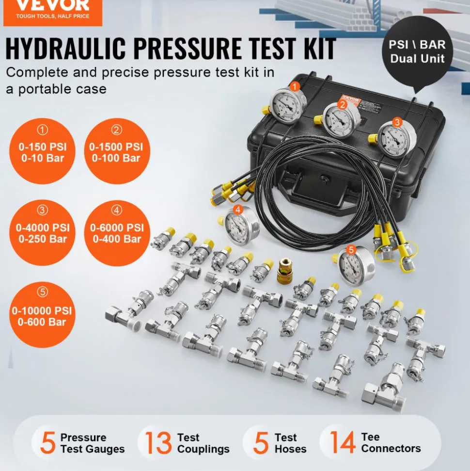 VEVOR Hydraulic Pressure Test Kit, 10/100/250/400/600bar, 5 Gauges 13 Couplings 14 Tee Connectors 5 Test Hoses, Excavator Hydraulic Test Gauge Set with Carrying Case for Excavator Tractors Machinery