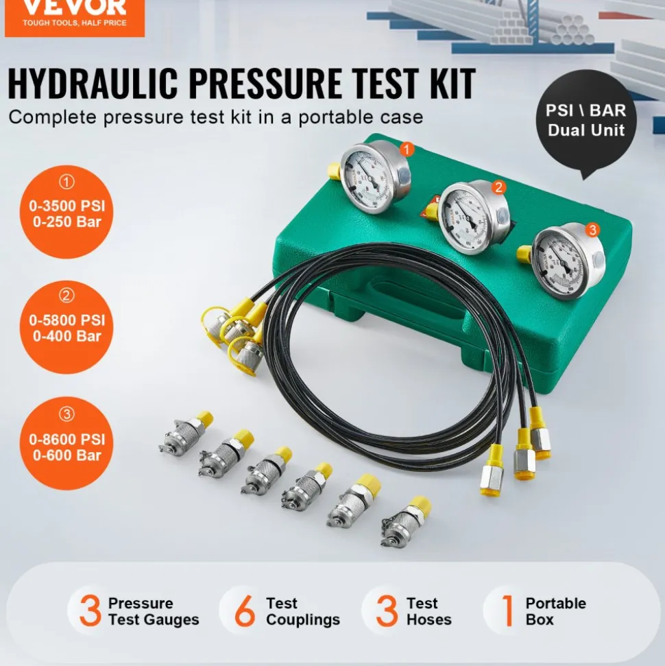 VEVOR Hydraulic Pressure Test Kit, 250/400/600bar, 3 Gauges 6 Test Couplings 3 Test Hoses, Excavator Hydraulic Test Gauge Set with Portable Carrying Case for Excavator Tractors Construction Machinery