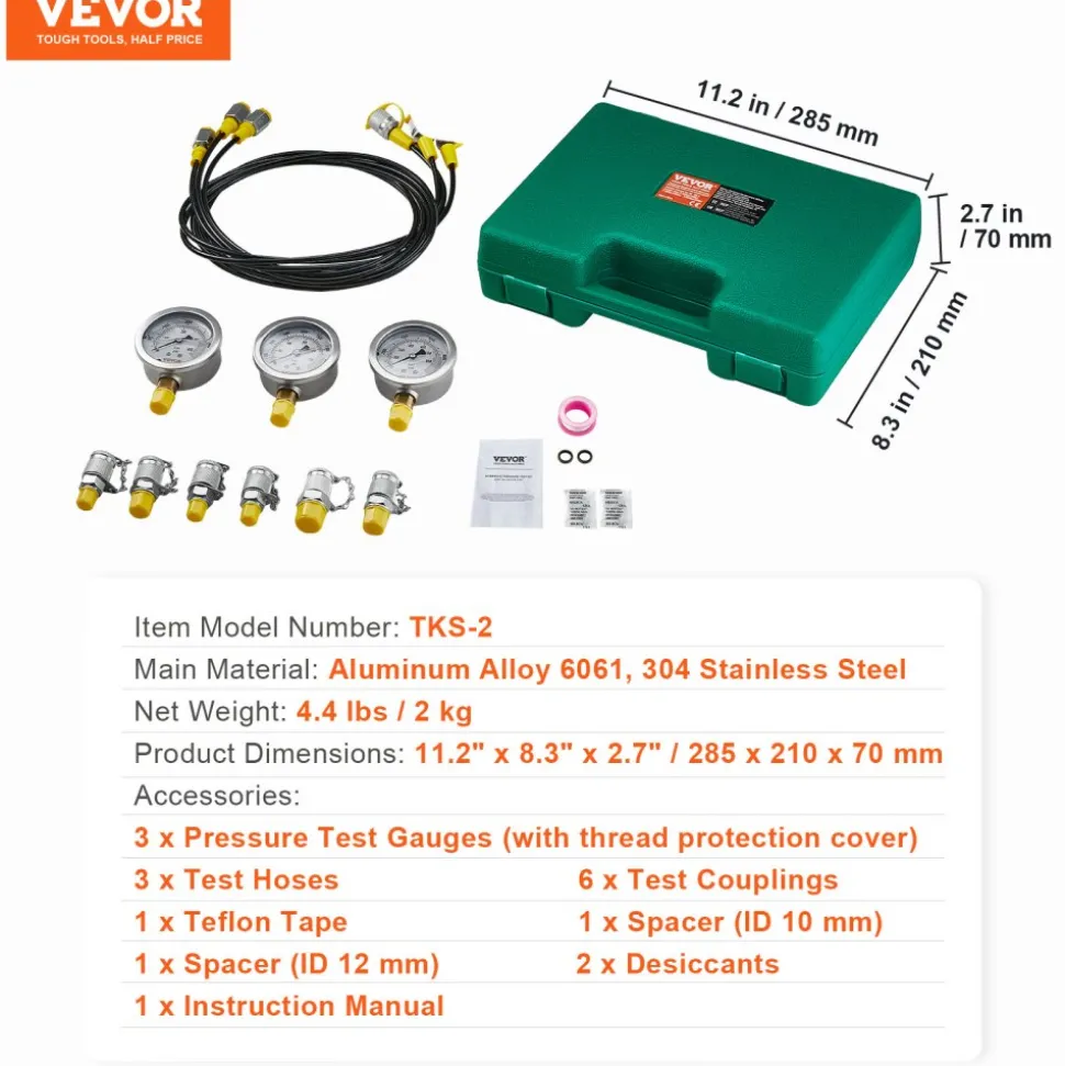 VEVOR Hydraulic Pressure Test Kit, 250/400/600bar, 3 Gauges 6 Test Couplings 3 Test Hoses, Excavator Hydraulic Test Gauge Set with Portable Carrying Case for Excavator Tractors Construction Machinery