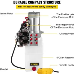 VEVOR Hydraulic Pump, 6 Quart/1.5 Gal Double Acting Dump Trailer Pump DC 12V, 3200 PSI Max Relief Pressure, Electric Hydraulic Power Unit for Dump Trailer Car Lifting (with 6pcs SAE #6 Connectors)