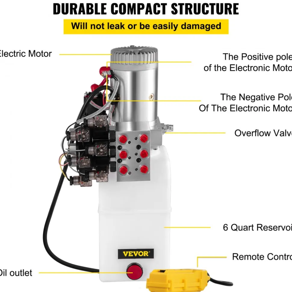 VEVOR Hydraulic Pump, 6 Quart/1.5 Gal Double Acting Dump Trailer Pump DC 12V, 3200 PSI Max Relief Pressure, Electric Hydraulic Power Unit for Dump Trailer Car Lifting (with 6pcs SAE #6 Connectors)