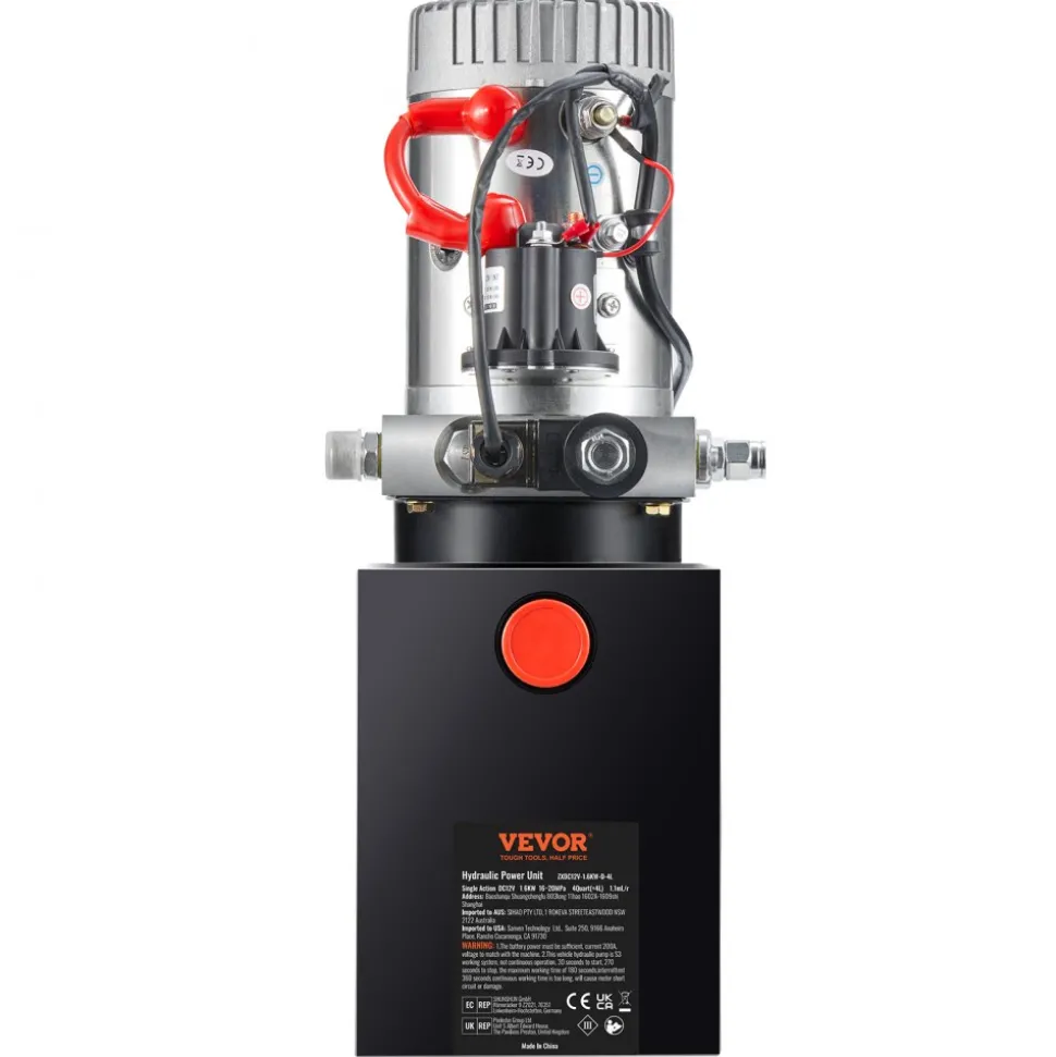 VEVOR Hydraulic Pump, 4 Quart Hydraulic Power Unit, Single Acting Dump Trailer Pump, 0.91 GPM Flow Rate, 3200 PSI Max Relief Pressure, DC 12V Hydraulic Pump for Dump Trailer Car Lifting