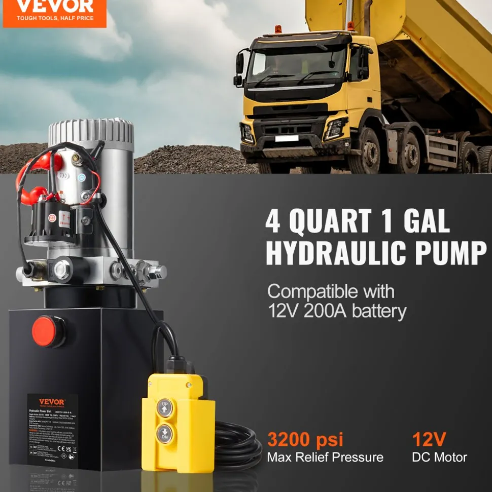 VEVOR Hydraulic Pump, 4 Quart Hydraulic Power Unit, Single Acting Dump Trailer Pump, 0.91 GPM Flow Rate, 3200 PSI Max Relief Pressure, DC 12V Hydraulic Pump for Dump Trailer Car Lifting