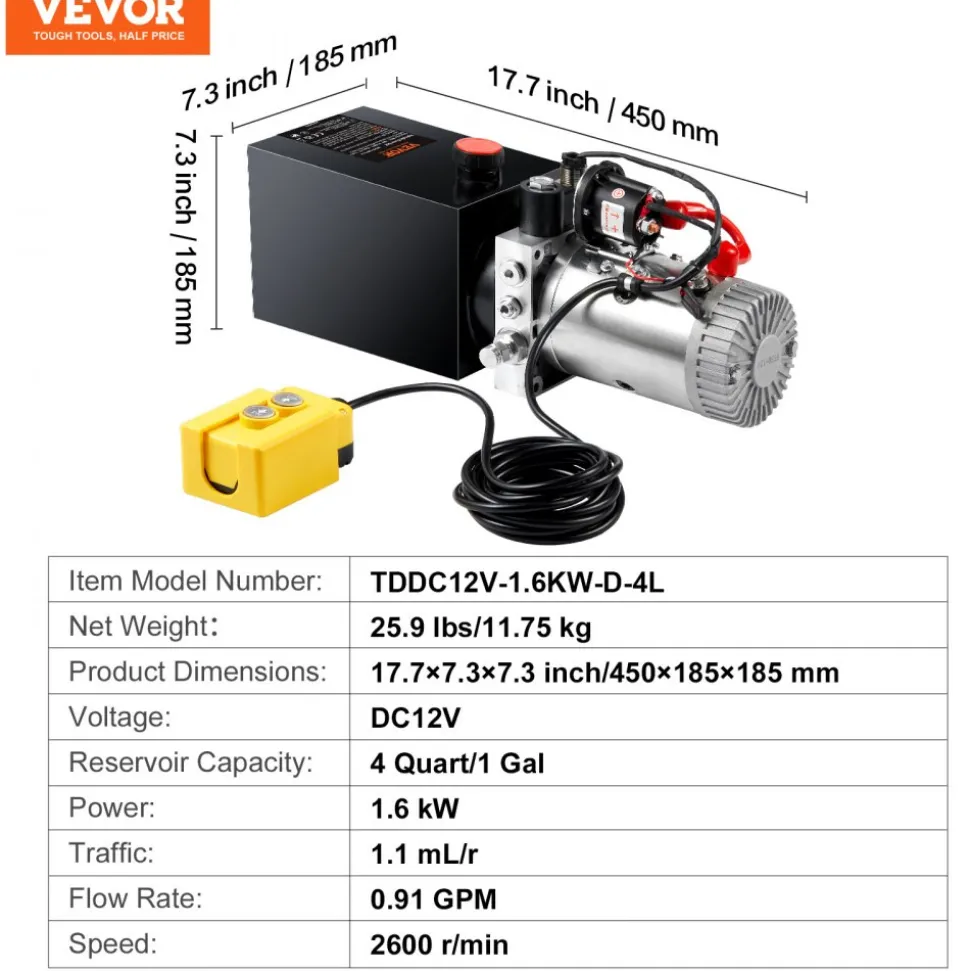 VEVOR Hydraulic Pump, 4 Quart Hydraulic Power Unit, Single Acting Dump Trailer Pump, 0.91 GPM Flow Rate, 3200 PSI Max Relief Pressure, DC 12V Hydraulic Pump for Dump Trailer Car Lifting