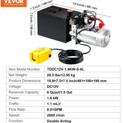 VEVOR Hydraulic Pump, 6 Quart Hydraulic Power Unit, Double Acting Dump Trailer Pump, 0.91 GPM Flow Rate, 3200 PSI Max Relief Pressure, DC 12V Hydraulic Pump for Dump Trailer Car Lifting