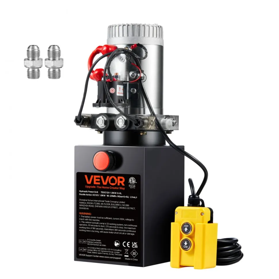 VEVOR Hydraulic Pump, 6 Quart Hydraulic Power Unit, Double Acting Dump Trailer Pump, 0.91 GPM Flow Rate, 3200 PSI Max Relief Pressure, DC 12V Hydraulic Pump for Dump Trailer Car Lifting