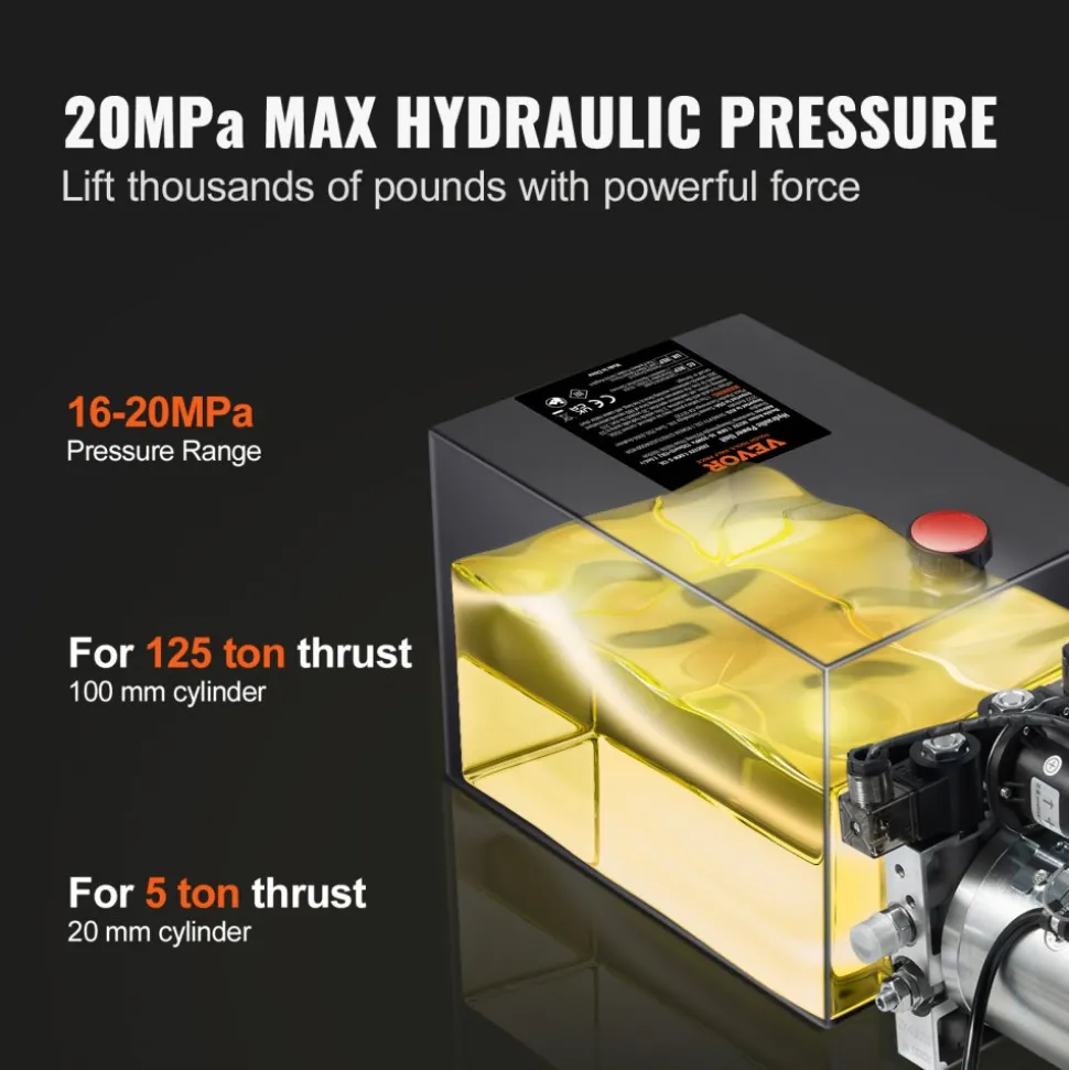 VEVOR Hydraulic Pump, 6 Quart Hydraulic Power Unit, Double Acting Dump Trailer Pump, 0.91 GPM Flow Rate, 3200 PSI Max Relief Pressure, DC 12V Hydraulic Pump for Dump Trailer Car Lifting