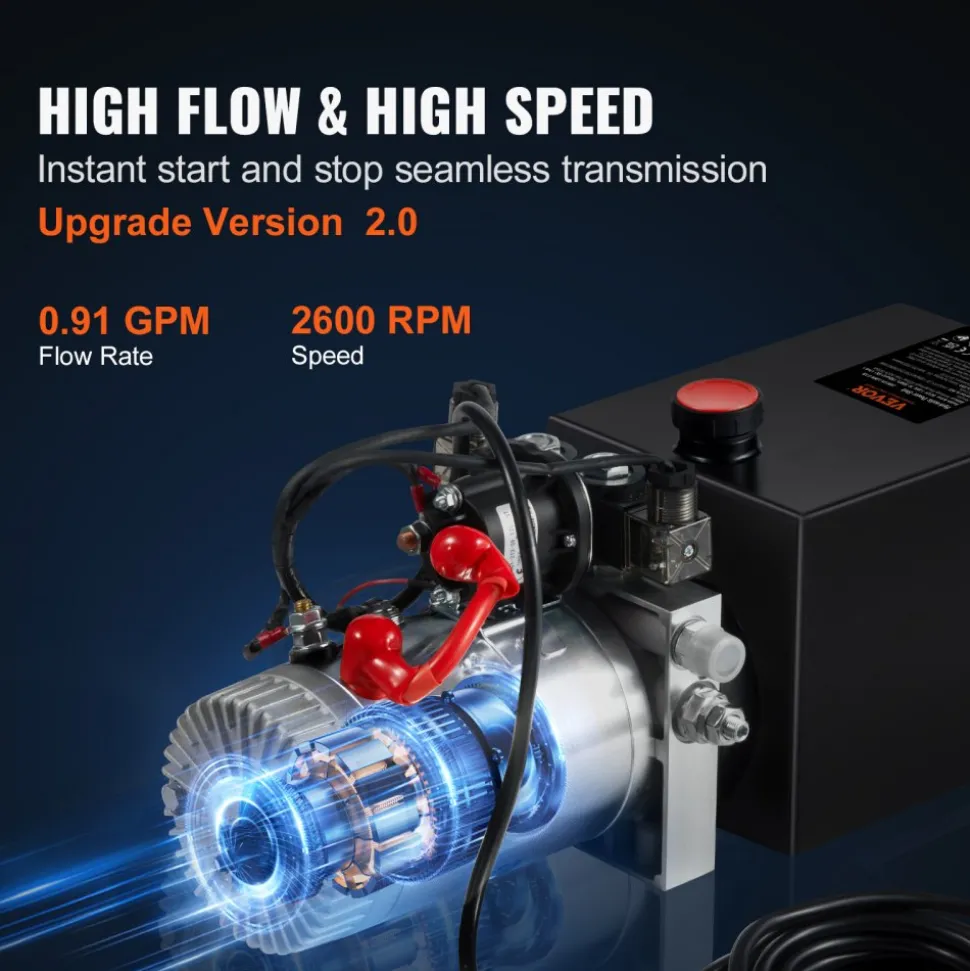 VEVOR Hydraulic Pump, 6 Quart Hydraulic Power Unit, Double Acting Dump Trailer Pump, 0.91 GPM Flow Rate, 3200 PSI Max Relief Pressure, DC 12V Hydraulic Pump for Dump Trailer Car Lifting
