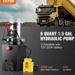 VEVOR Hydraulic Pump, 6 Quart Hydraulic Power Unit, Double Acting Dump Trailer Pump, 0.91 GPM Flow Rate, 3200 PSI Max Relief Pressure, DC 12V Hydraulic Pump for Dump Trailer Car Lifting
