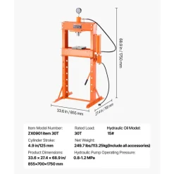 VEVOR Hydraulic Shop Press, 30 T H-Frame Pneumatic Shop Press with Press Plate & Triangular Support, Stable Garage Floor Adjustable Hydraulic Press with Relief Valve, Fit for Bending & Straightening