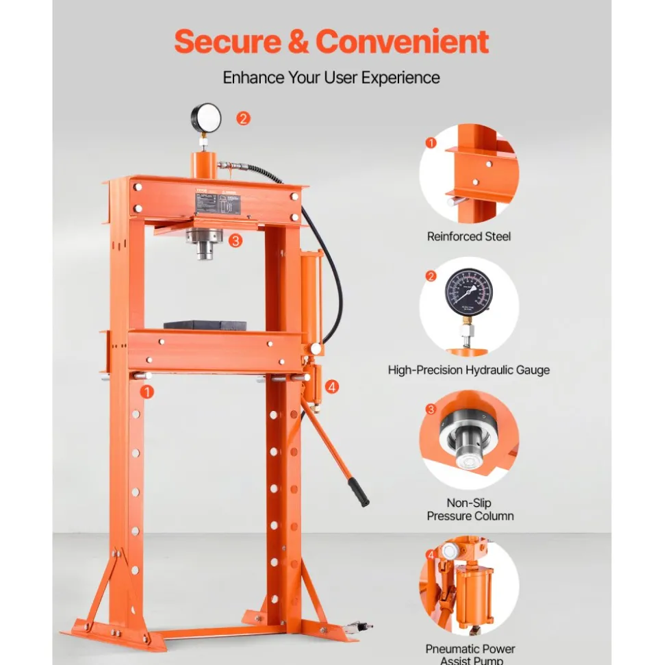 VEVOR Hydraulic Shop Press, 30 T H-Frame Pneumatic Shop Press with Press Plate & Triangular Support, Stable Garage Floor Adjustable Hydraulic Press with Relief Valve, Fit for Bending & Straightening