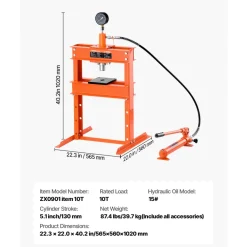 VEVOR Hydraulic Shop Press, 10 T H-Frame Shop Press with Press Plate & H-shaped Base, Stable Garage Floor Adjustable Hydraulic Press with Relief Valve, Fit for Bending, Straightening & Stamping