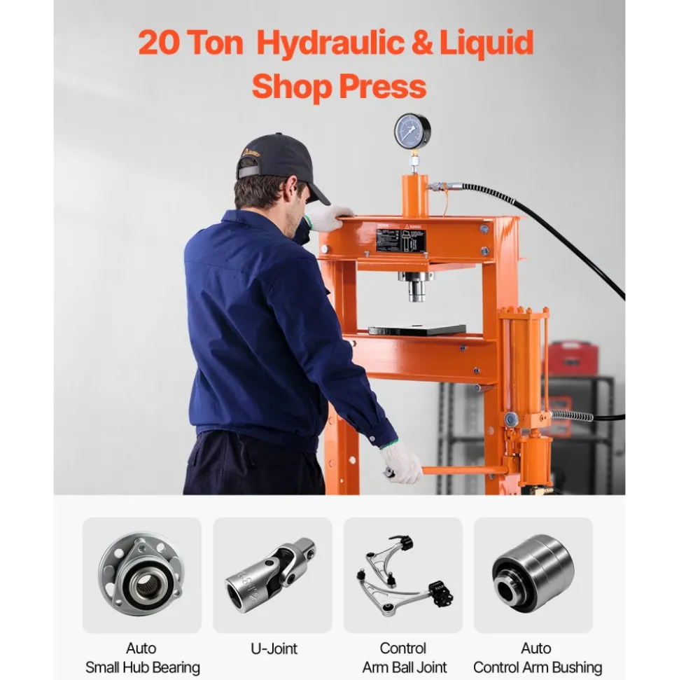 VEVOR Hydraulic Shop Press, 20 T H-Frame Pneumatic Shop Press with Press Plate, Stable Garage Floor Adjustable Hydraulic Press with Triangular Support, Fit for Bending, Straightening & Stamping