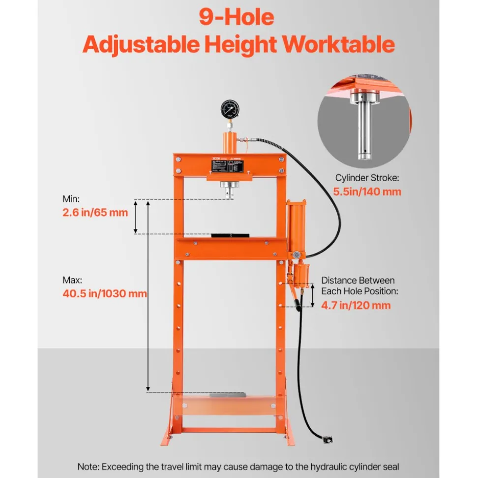 VEVOR Hydraulic Shop Press, 20 T H-Frame Pneumatic Shop Press with Press Plate, Stable Garage Floor Adjustable Hydraulic Press with Triangular Support, Fit for Bending, Straightening & Stamping