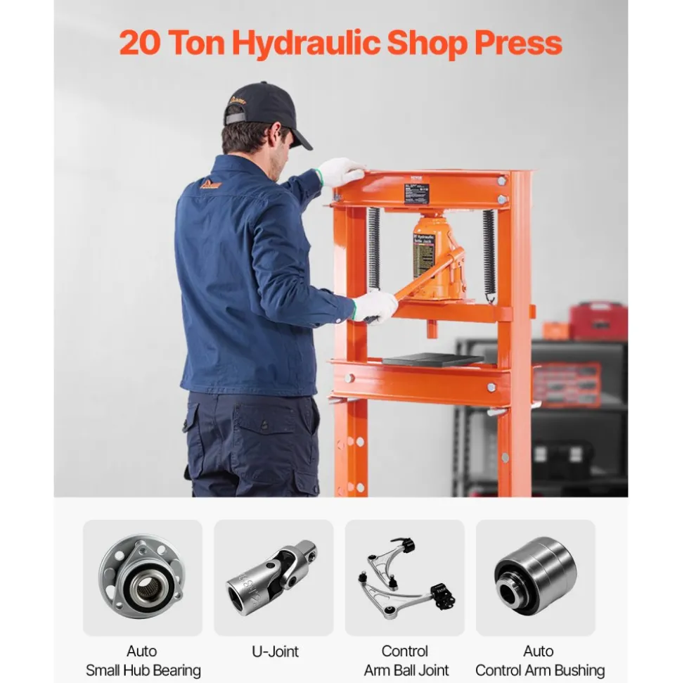VEVOR Hydraulic Shop Press, 20 T H-Frame Shop Press with Press Plate & Triangular Support, Stable Garage Floor Adjustable Hydraulic Press with Relief Valve, Fit for Bending, Straightening & Stamping