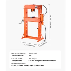 VEVOR Hydraulic Shop Press, 50 T H-Frame Pneumatic Shop Press with Press Plate & Triangular Support, Stable Garage Floor Adjustable Hydraulic Press with Relief Valve, Fit for Bending & Straightening