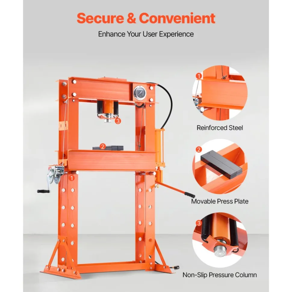 VEVOR Hydraulic Shop Press, 50 T H-Frame Pneumatic Shop Press with Press Plate & Triangular Support, Stable Garage Floor Adjustable Hydraulic Press with Relief Valve, Fit for Bending & Straightening