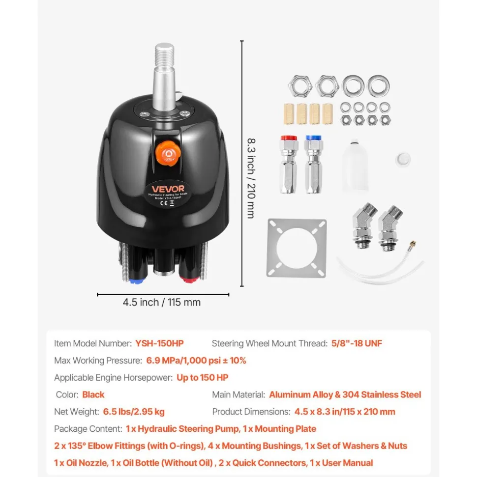 VEVOR Hydraulic Steering Helm Pump, 150 HP, Helm Pump for Boat, with 6.9 MPa/1000 psi Max Working Pressure, Aluminum Alloy Housing, Check Valve, Replaceable Shaft Seal, for Outboards Fishing Boats