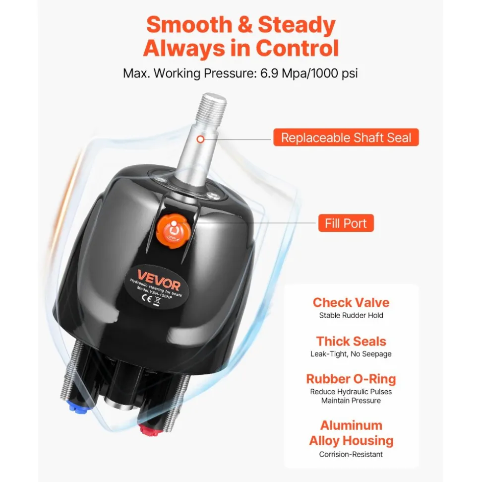 VEVOR Hydraulic Steering Helm Pump, 150 HP, Helm Pump for Boat, with 6.9 MPa/1000 psi Max Working Pressure, Aluminum Alloy Housing, Check Valve, Replaceable Shaft Seal, for Outboards Fishing Boats