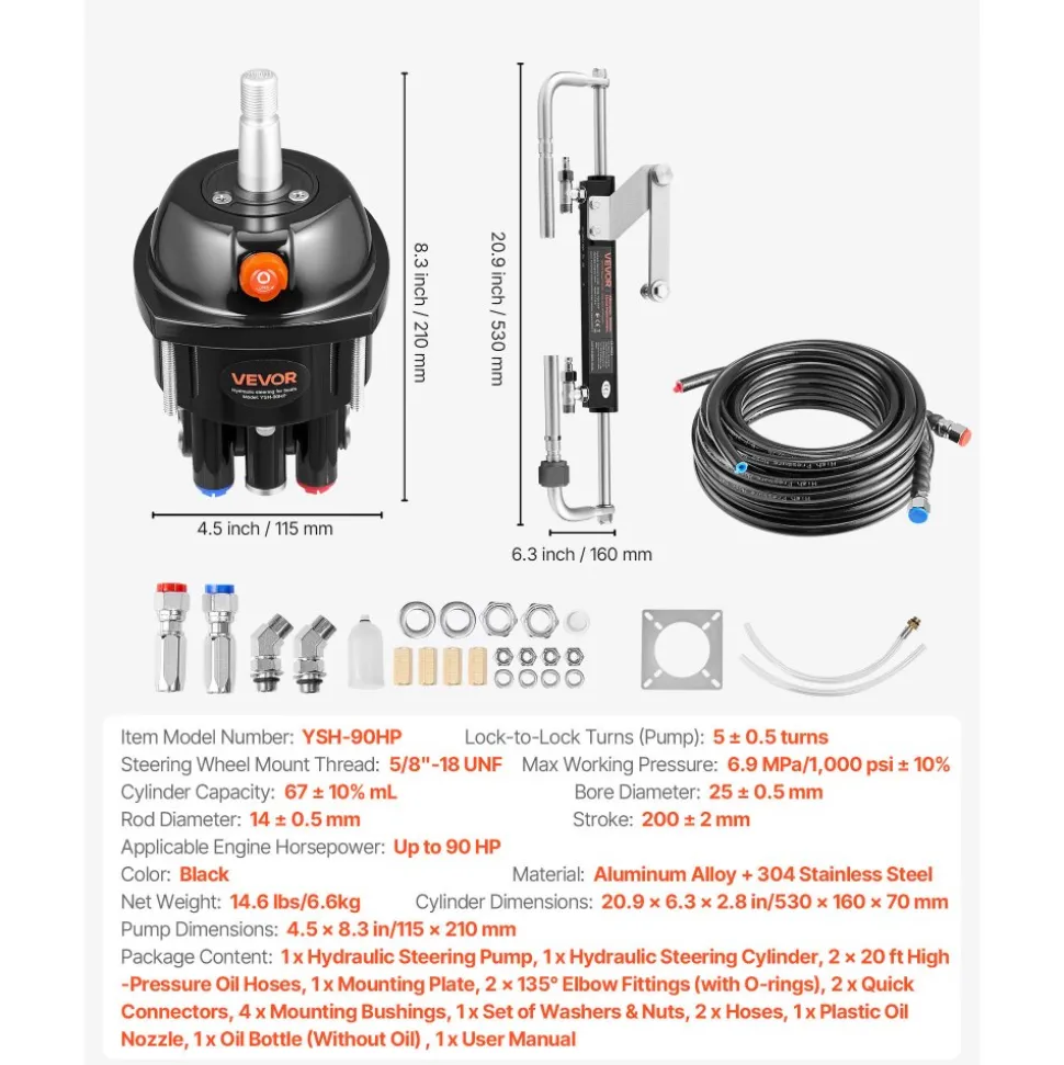VEVOR Hydraulic Steering Kit, 90 HP, Marine Boat Hydraulic Steering System, with 6.9 MPa/1000 psi Helm Pump, Two-Way Lock Cylinder, and 20 ft High-Strength Hoses, for Single Station, Single-Engine Use