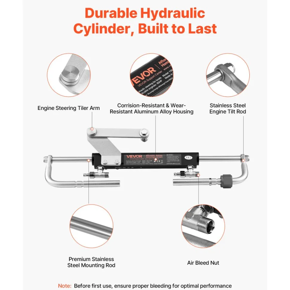 VEVOR Hydraulic Steering Kit, 90 HP, Marine Boat Hydraulic Steering System, with 6.9 MPa/1000 psi Helm Pump, Two-Way Lock Cylinder, and 20 ft High-Strength Hoses, for Single Station, Single-Engine Use
