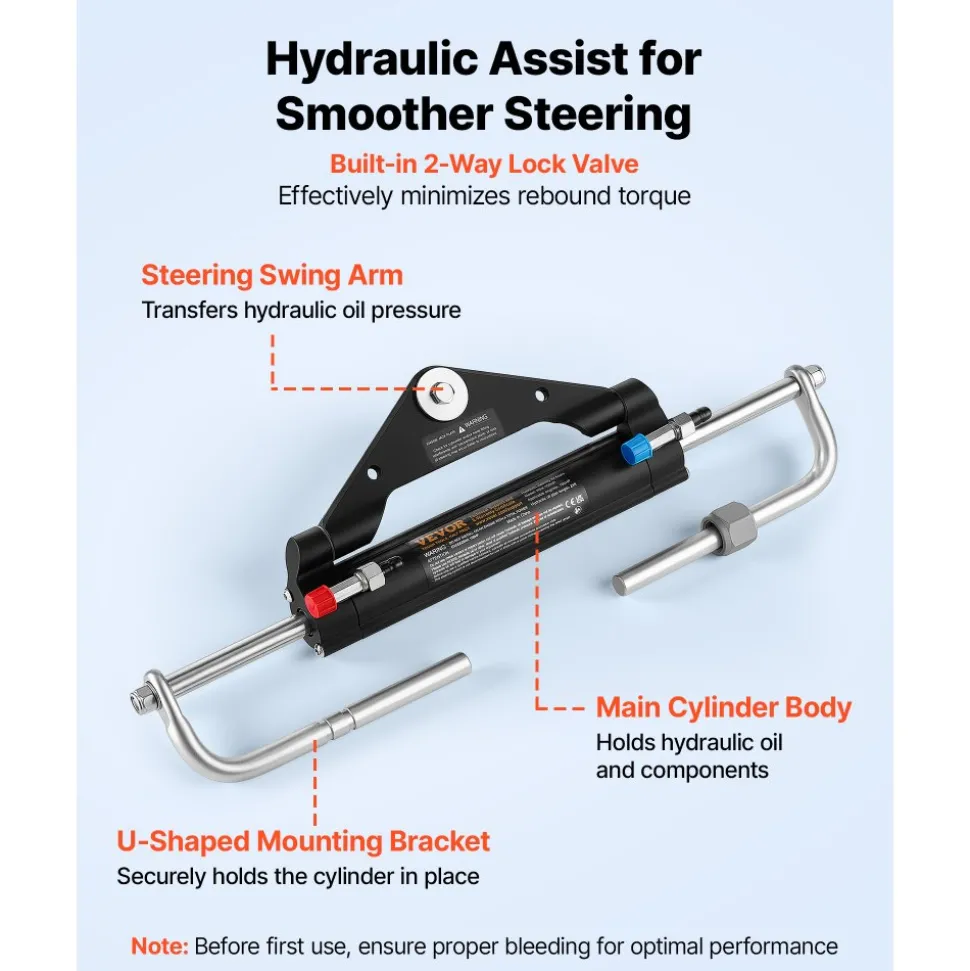 VEVOR Hydraulic Steering Kit 150HP Hydraulic Outboard Steering System 24 ft, Marine Boat Steering System, 2.5 MPa Helm Pump, Two-Way Lock Cylinder, 24 Feet High-Strength Hoses, for Single-Engine Use