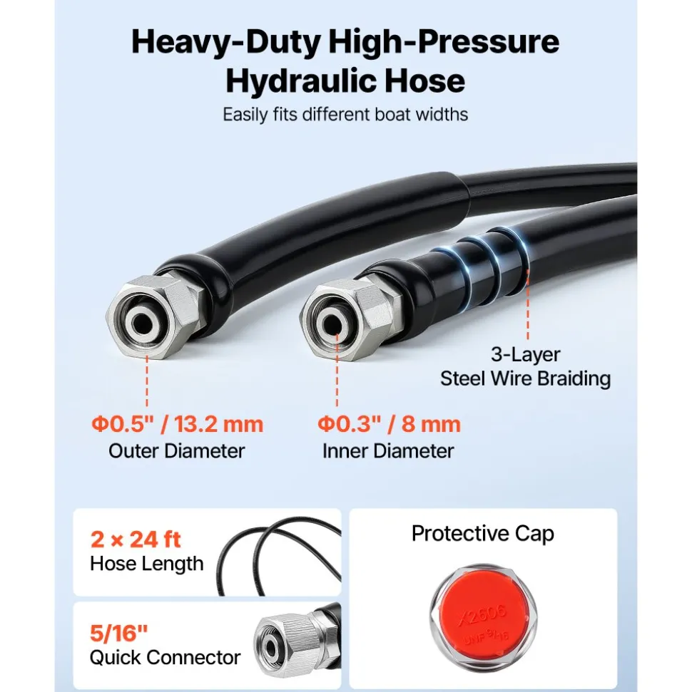 VEVOR Hydraulic Steering Kit 150HP Hydraulic Outboard Steering System 24 ft, Marine Boat Steering System, 2.5 MPa Helm Pump, Two-Way Lock Cylinder, 24 Feet High-Strength Hoses, for Single-Engine Use
