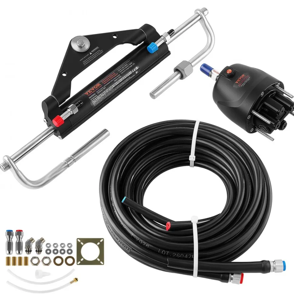 VEVOR Hydraulic Steering Kit 150HP Hydraulic Outboard Steering System 24 ft, Marine Boat Steering System, 2.5 MPa Helm Pump, Two-Way Lock Cylinder, 24 Feet High-Strength Hoses, for Single-Engine Use