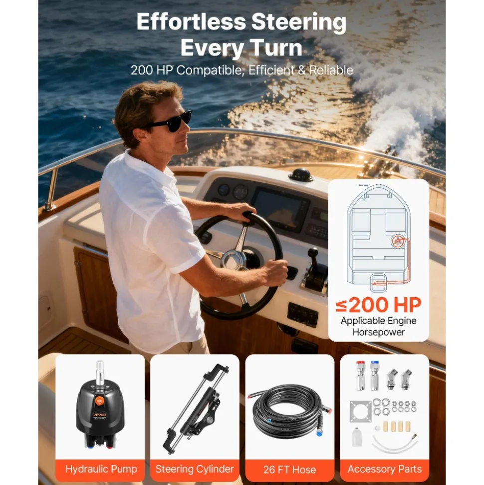 VEVOR Hydraulic Steering Kit, 200 HP, Marine Boat Hydraulic Steering System, with 6.9 MPa/1000 psi Helm Pump, Two-Way Lock Cylinder, and 26ft High-Strength Hoses, for Single Station, Single-Engine Use