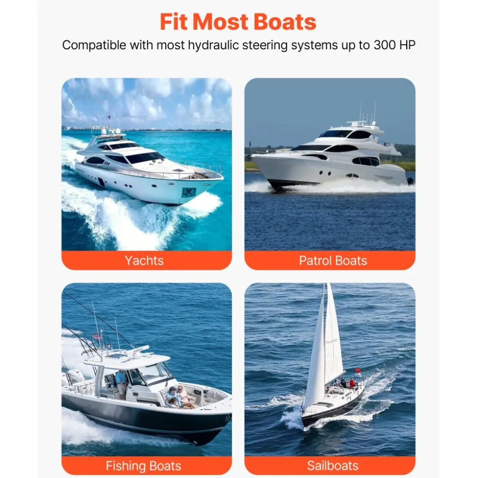 VEVOR Hydraulic Steering Kit, 300 HP, Marine Boat Hydraulic Steering System, with 6.9 MPa/1000 psi Helm Pump, Two-Way Lock Cylinder, and 26ft High-Strength Hoses, for Single Station, Single-Engine Use