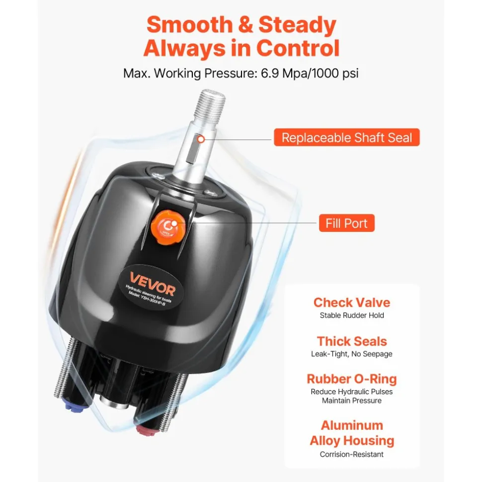 VEVOR Hydraulic Steering Kit, 300 HP, Marine Boat Hydraulic Steering System, with 6.9 MPa/1000 psi Helm Pump, Two-Way Lock Cylinder, and 26ft High-Strength Hoses, for Single Station, Single-Engine Use