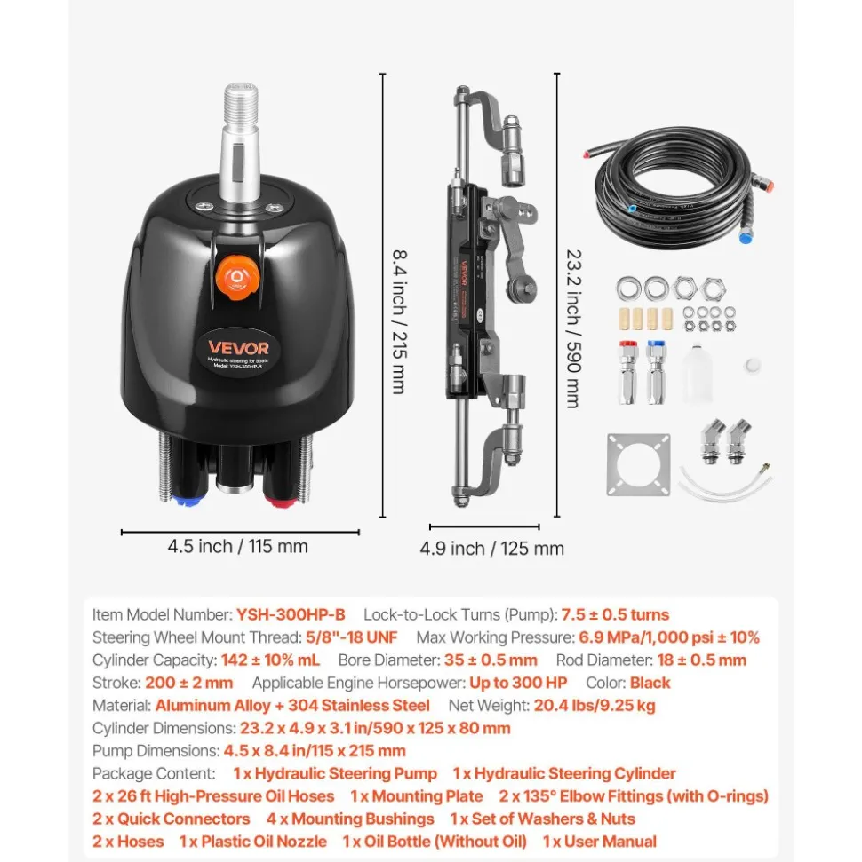 VEVOR Hydraulic Steering Kit, 300 HP, Marine Boat Hydraulic Steering System, with 6.9 MPa/1000 psi Helm Pump, Two-Way Lock Cylinder, and 26ft High-Strength Hoses, for Single Station, Single-Engine Use