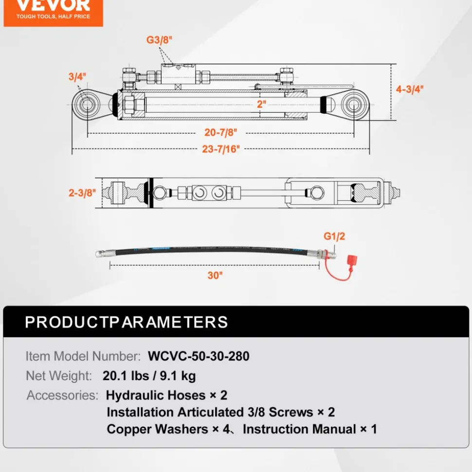 VEVOR Hydraulic Top Link Cat.1-1 (11 in, 20-7/8~31-7/8 in ), Hydraulic Cylinder with 2 Hoses & G3/8" Check Valve