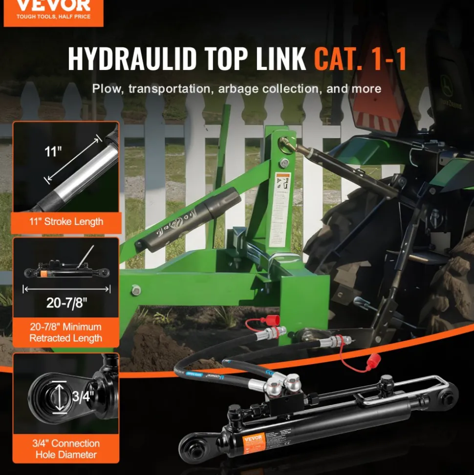 VEVOR Hydraulic Top Link Cat.1-1 (11 in, 20-7/8~31-7/8 in ), Hydraulic Cylinder with 2 Hoses & G3/8" Check Valve