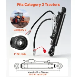VEVOR Hydraulic Top Link Cat. 2-2 (11 in Stroke, 22-7/16 in to 33-7/16 in), Max 2900PSI Hydraulic Cylinder with 2 Hoses & G3/8