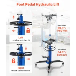VEVOR Hydraulic Transmission Jack, 1322 lbs / 0.6 Ton Lifting Capacity Telescoping Transmission Jack with Foot Pedal, Dual Telescopic Trans, 34.6-69.3 in High Lifting Height, Garage/Shop Lift Hoist