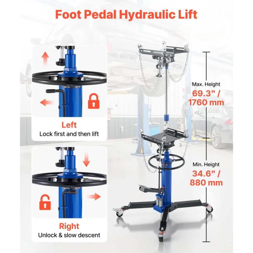 VEVOR Hydraulic Transmission Jack, 1322 lbs / 0.6 Ton Lifting Capacity Telescoping Transmission Jack with Foot Pedal, Dual Telescopic Trans, 34.6-69.3 in High Lifting Height, Garage/Shop Lift Hoist